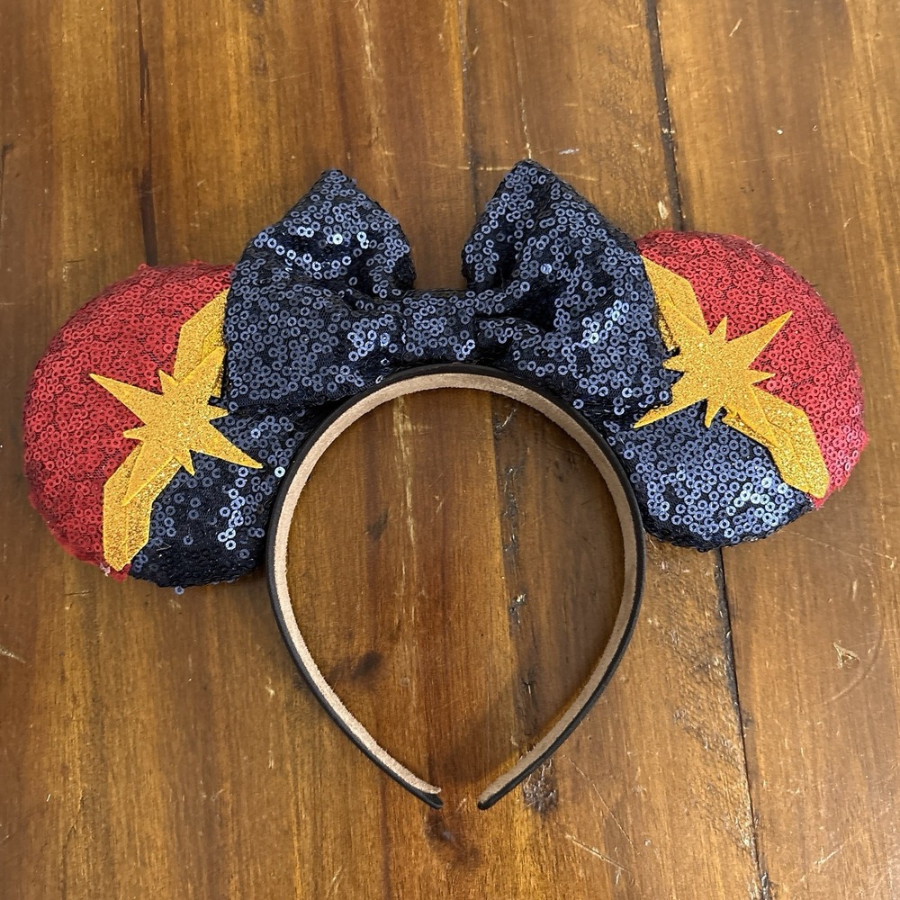 Captain Marvel Themed Sequin Mickey Minnie Mouse Ear Headband Bow